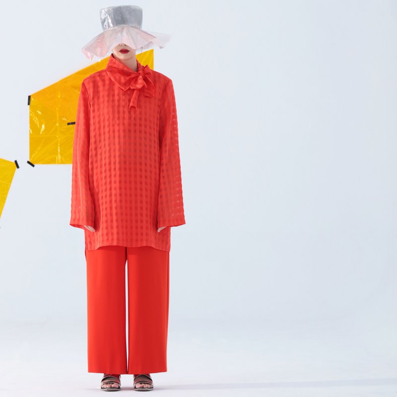 红格纹长袖圆领上衣 - 女装上衣 - 棉．麻 红色