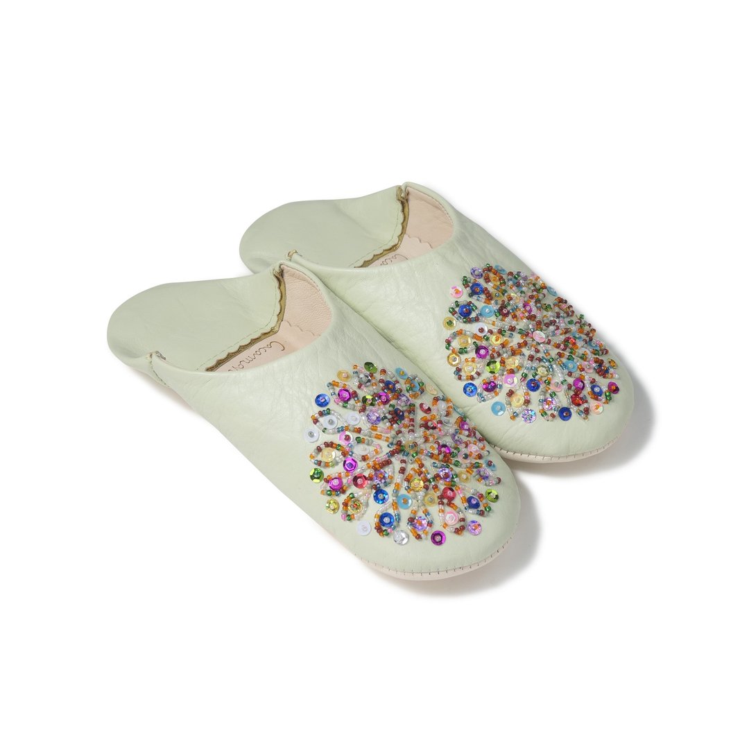 Mintcream / mix / moroccan Leather babouche Slippers / High quality odourless - 室内拖鞋 - 真皮 黄色