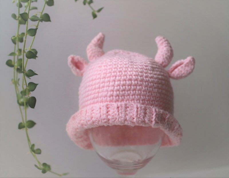 新生婴儿帽子牛角帽弥月礼采用意大利进口有机棉线手工勾针编织 - 婴儿帽/发带 - 棉．麻 粉红色