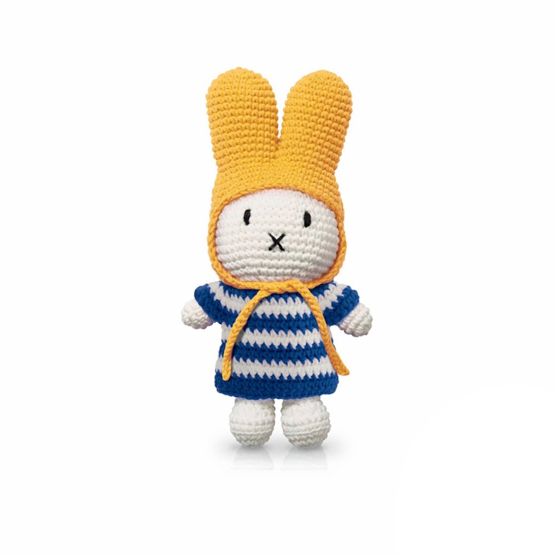荷兰Miffy米菲兔 纯棉全手工 Miffy兔 蓝白条纹洋装+兔兔黄帽 - 玩偶/公仔 - 棉 蓝色