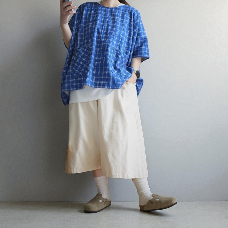 蓝莓松饼格纹有机棉超宽版四方衣 - 女装 T 恤 - 棉 蓝色