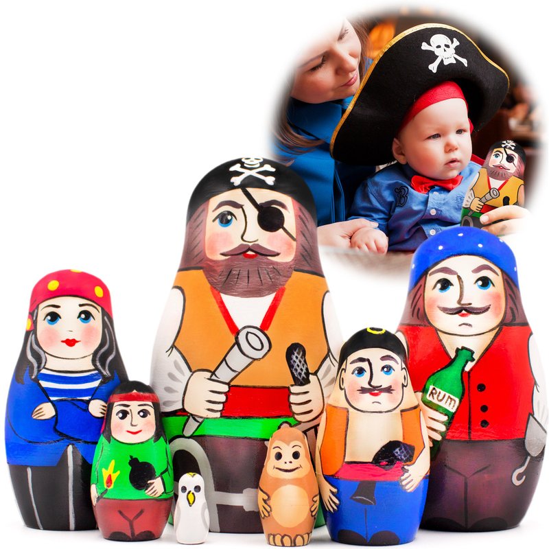 Pirate Nesting Dolls Set 7 pcs - Birthday Gifts for Kids - Russian Dolls Pirates - 玩具/玩偶 - 木头 多色