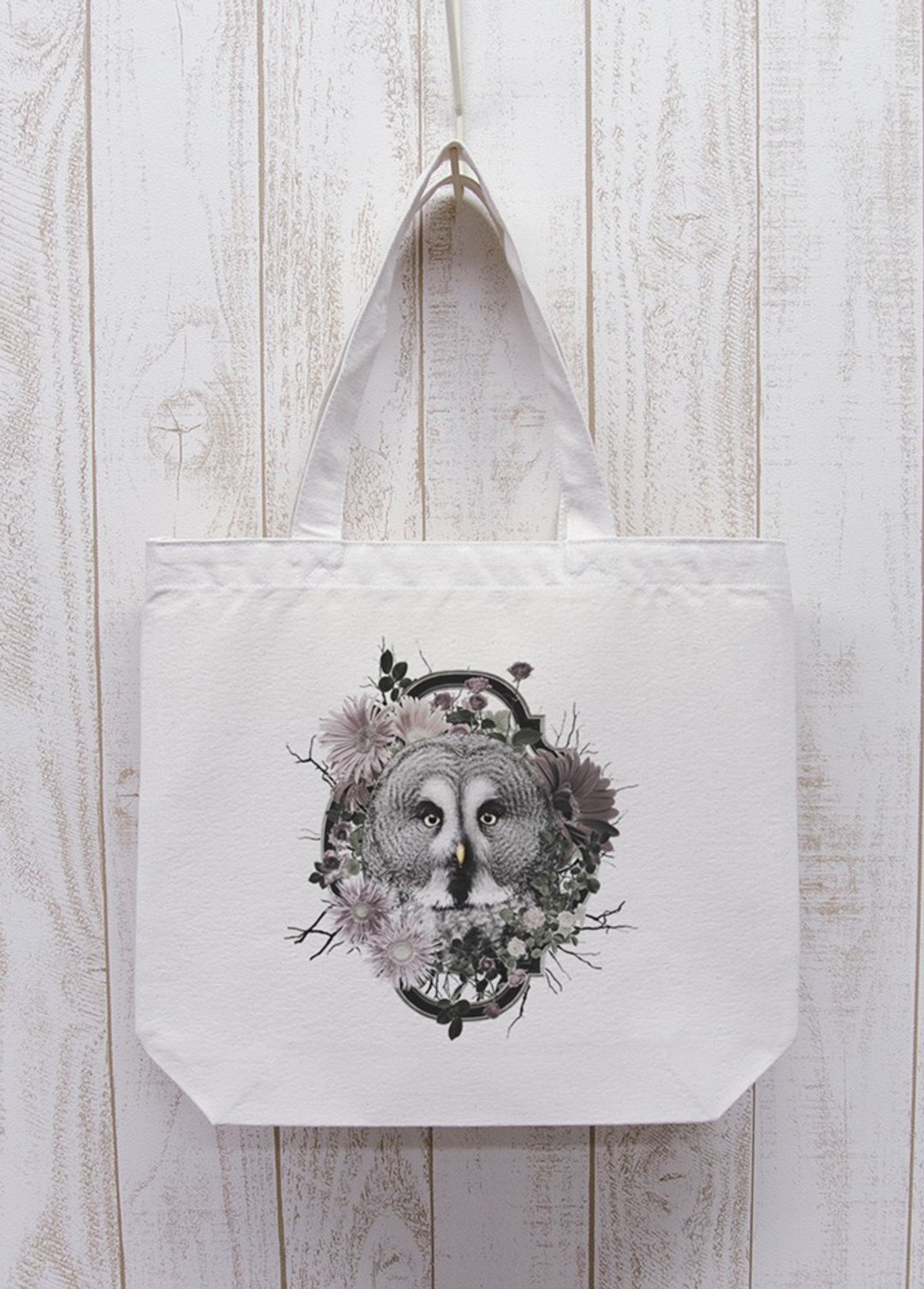 ronronGreatGrayOwl Flower Frame Outing Tote Natural / R037-BT-NA - 其他 - 棉．麻 白色