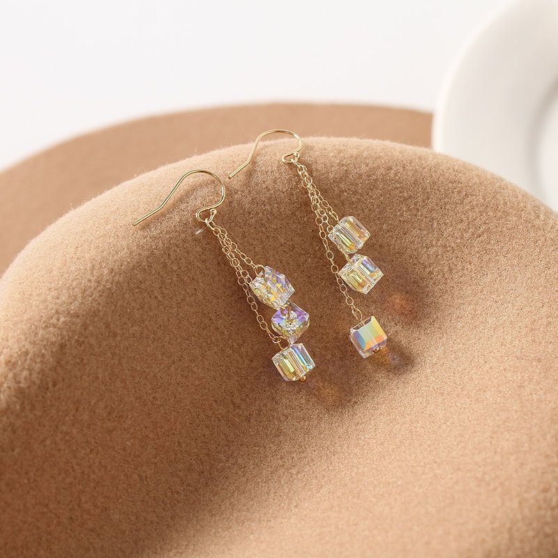 方糖派对。EARRING耳饰篇。幻彩水晶耳环 可改耳夹 - 耳环/耳夹 - 其他材质 金色