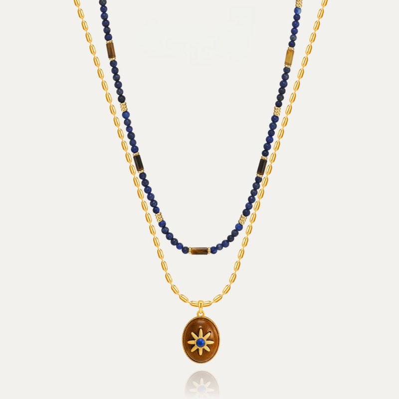 【法式復古】星芒浮雕橢圓項鍊 | 藍金配色 | 異材質拼接 | 歐美 - 项链 - 宝石 
