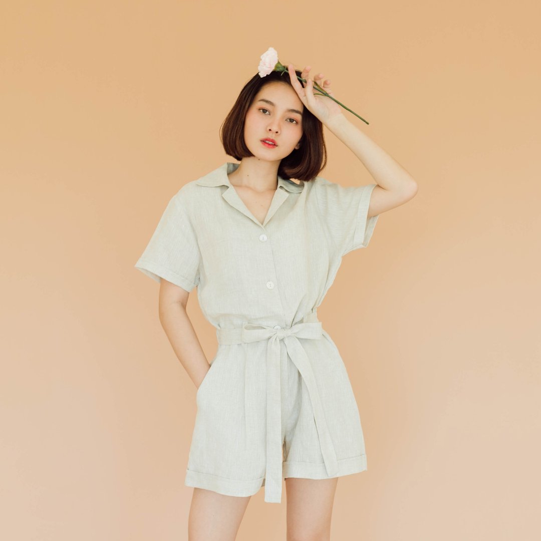 Playsuit Natural Colour - 背带裤/连体裤 - 亚麻 卡其色