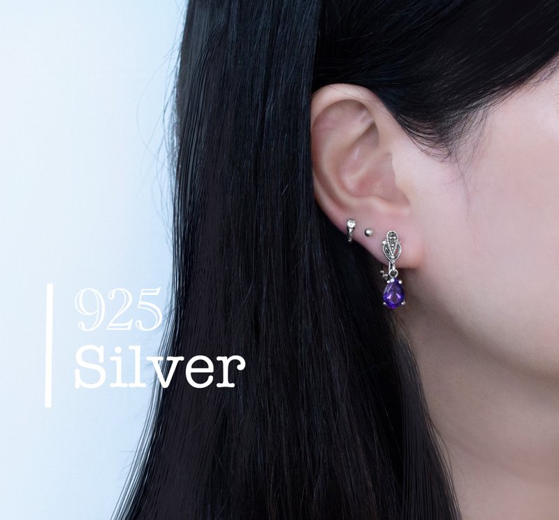 :紫色飞燕草: 925Silver 夹式耳环 - 耳环/耳夹 - 纯银 