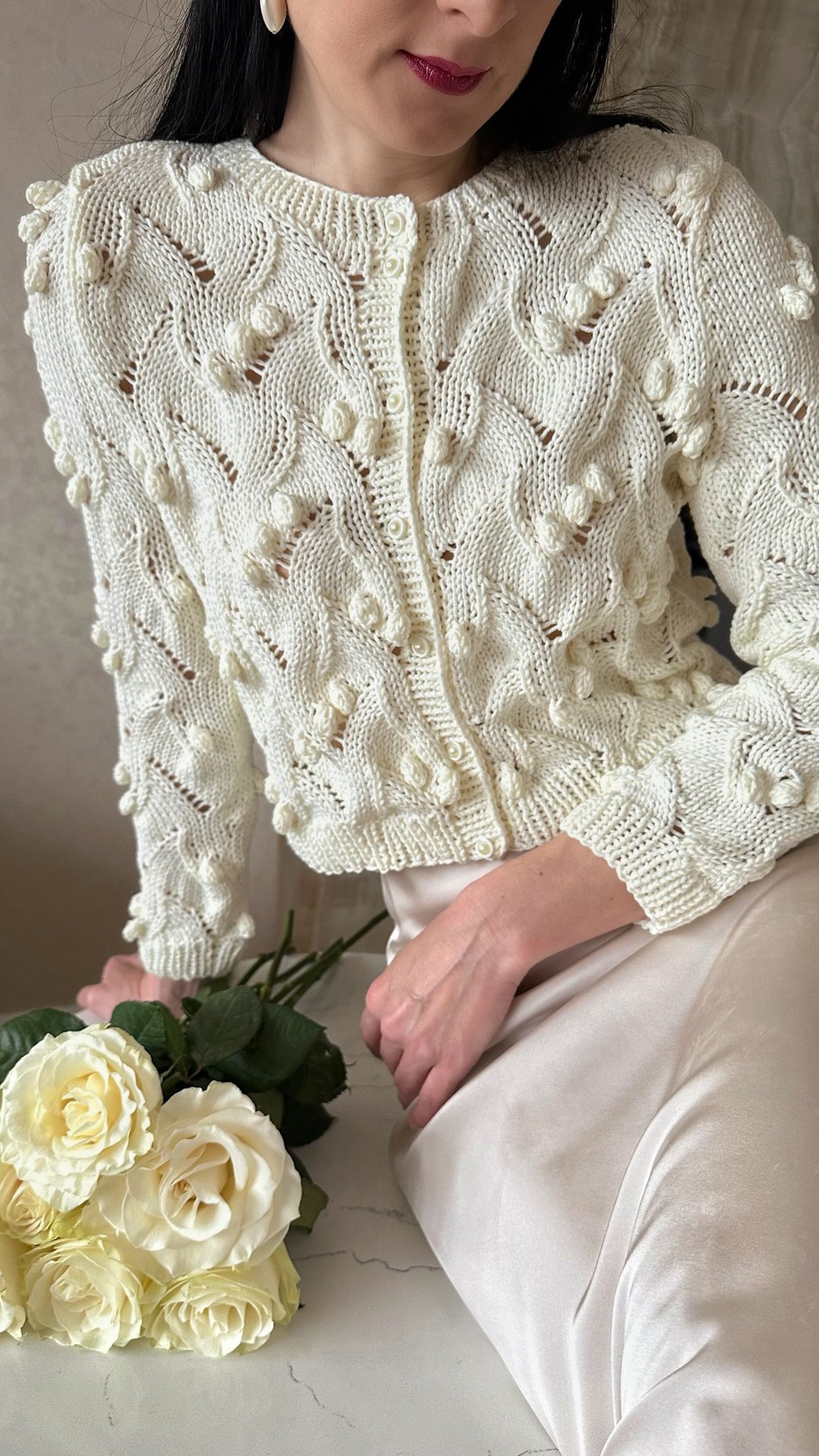 Summer cardigan Hand knit sweater jacket Cream white cardigan - 女装针织衫/毛衣 - 棉．麻 