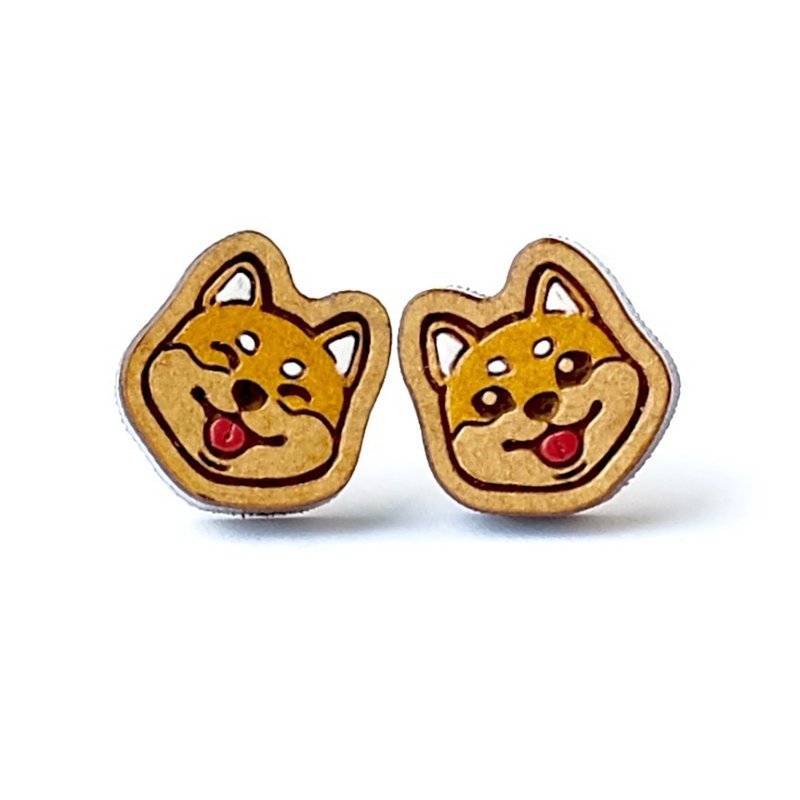 彩绘木耳环-柴柴 - 耳环/耳夹 - 木头 卡其色