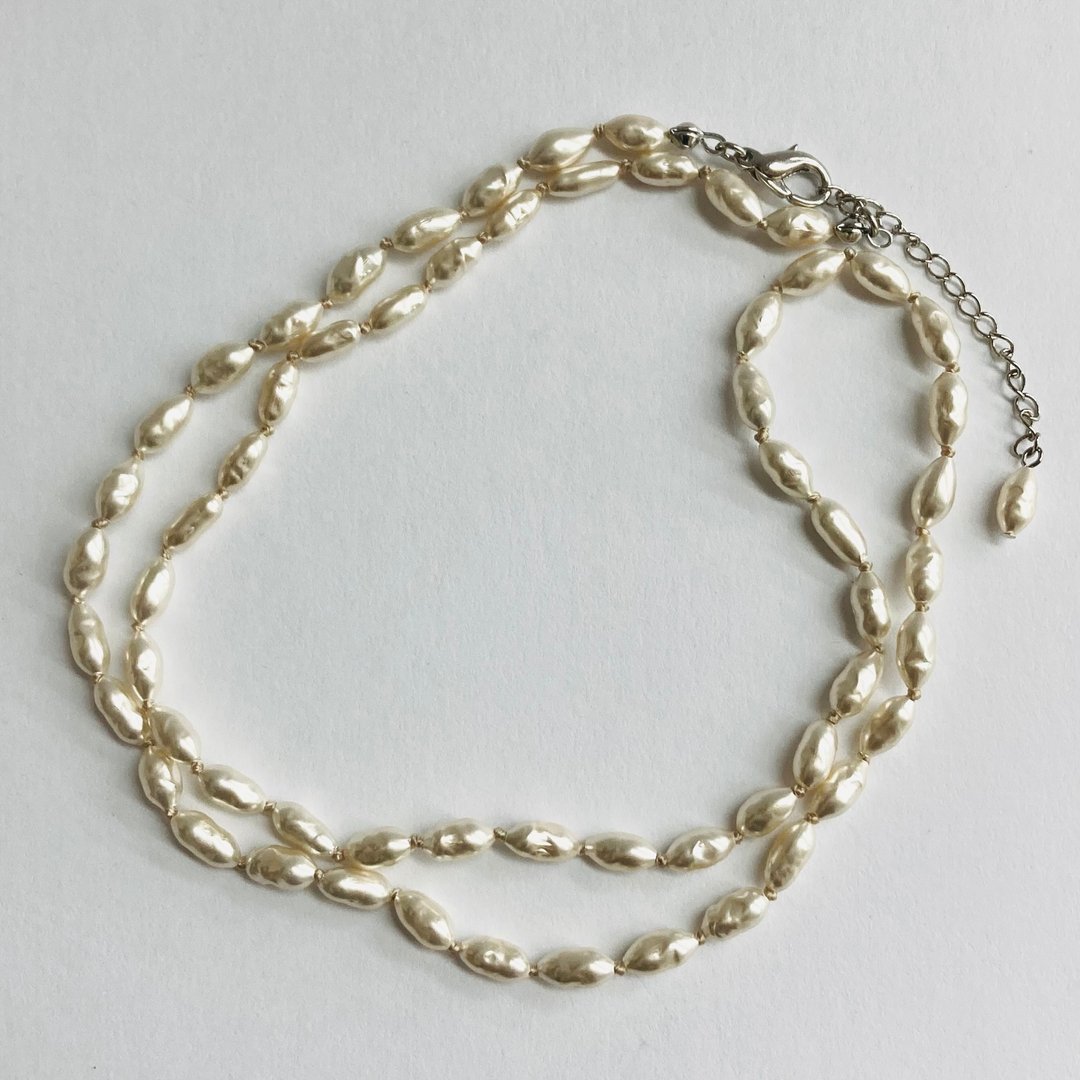 玻璃巴洛克珍珠全结加工长项链 / 约 4x8mm，约 60cm + 5cm / 柔和米白 / 日本制造 - 项链 - 玻璃 白色