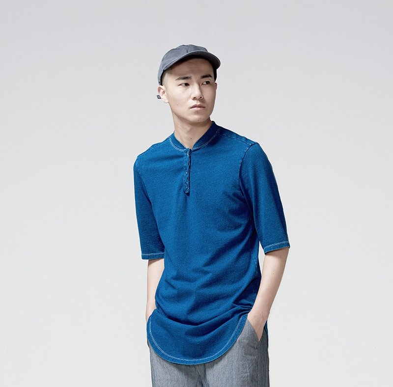 TRAN - 水洗亨利领圆摆TEE - 男装上衣/T 恤 - 棉．麻 蓝色