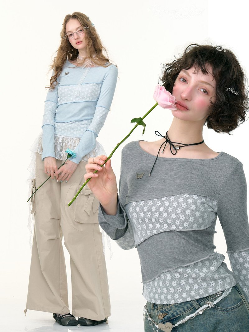 ziziFei秋冬美式复古斜条纹拼接蕾丝修身显瘦针织打底衫长袖T恤女 - 女装 T 恤 - 其他材质 