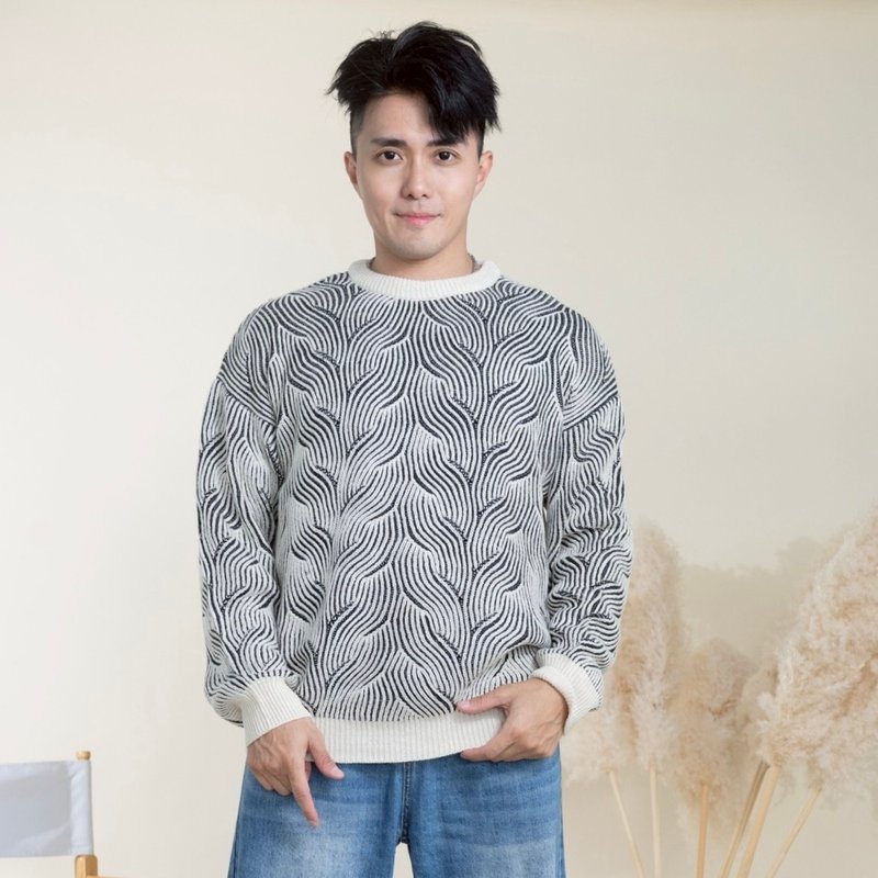 (中性款) 羽流幻纹艺术针织毛衣 两色 - 男装针织衫/毛衣 - 聚酯纤维 白色