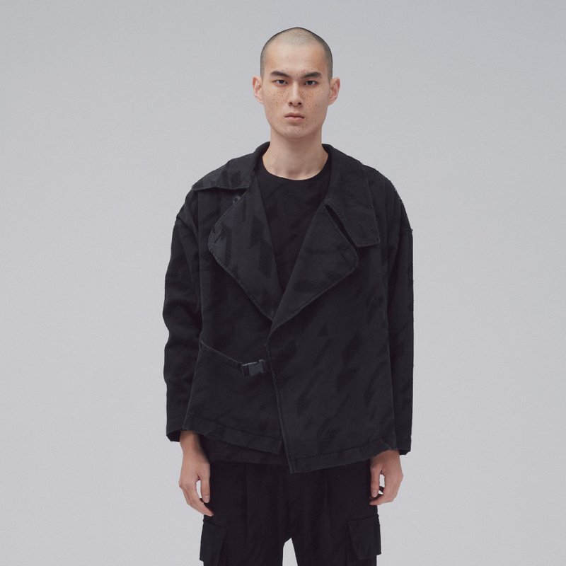 DYCTEAM - Symbiosis - Black Jacquard short trench coat - 男装外套 - 棉．麻 黑色