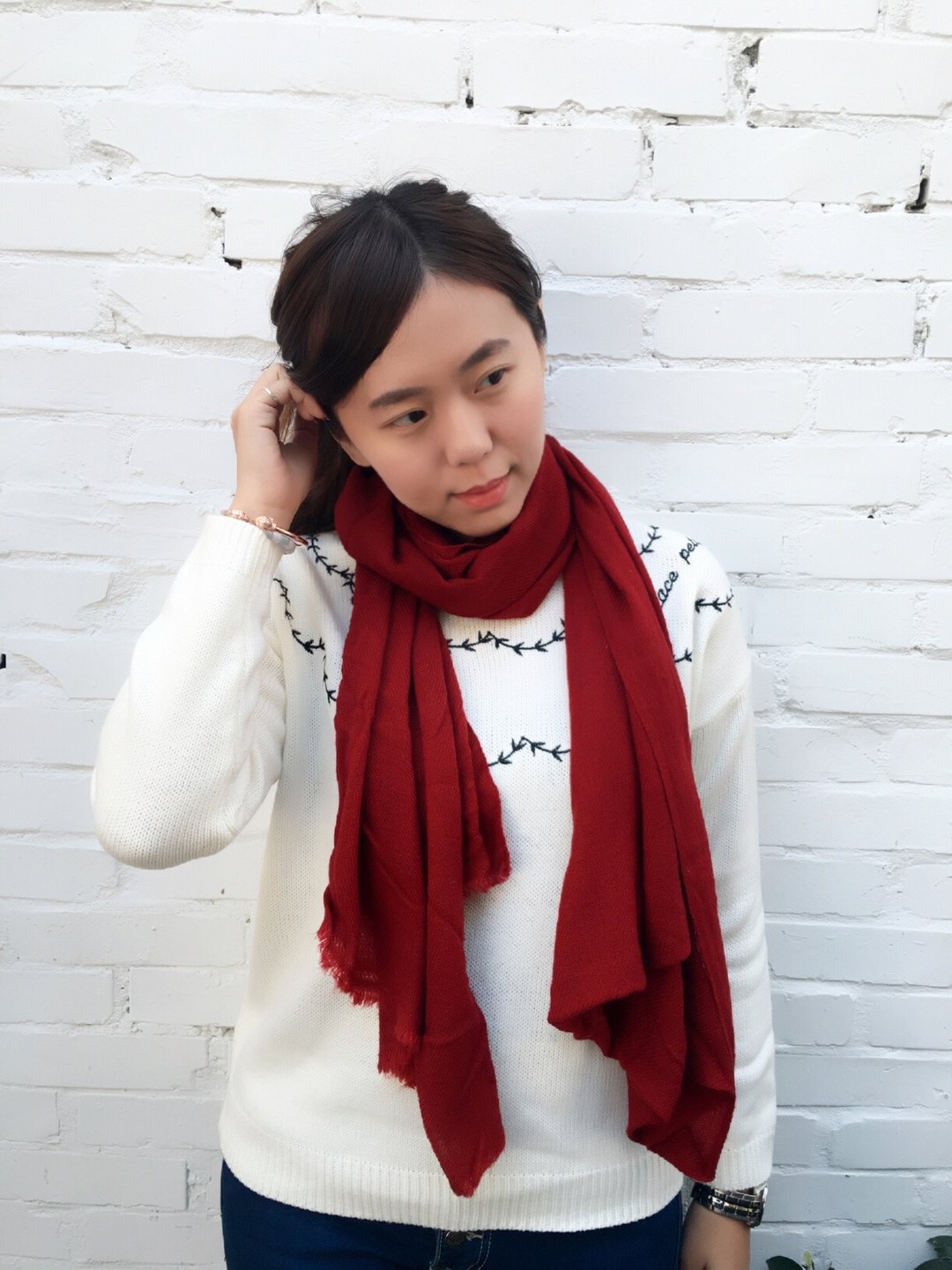 喀什米尔100%cashmere/pashmina手工山羊绒披肩围巾-酒红 - 丝巾 - 羊毛 红色