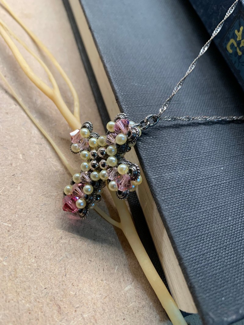 串珠施华洛世奇水晶老银十字架附链 - 项链 - 其他金属 粉红色