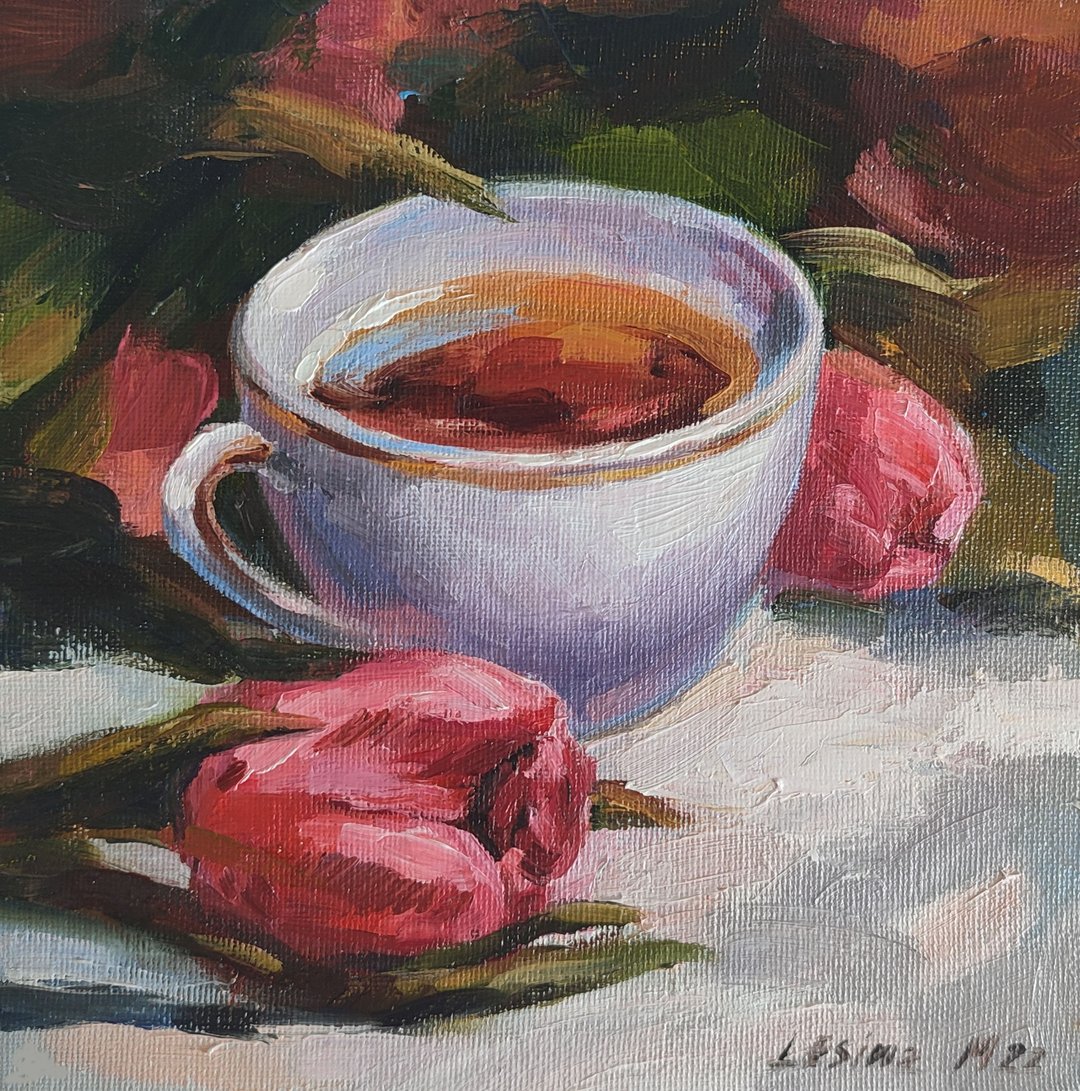 Cup of tea Oil Painting Still Life Kitchen Art Original Painting Flower Wall Art - 墙贴/壁贴 - 其他材质 粉红色
