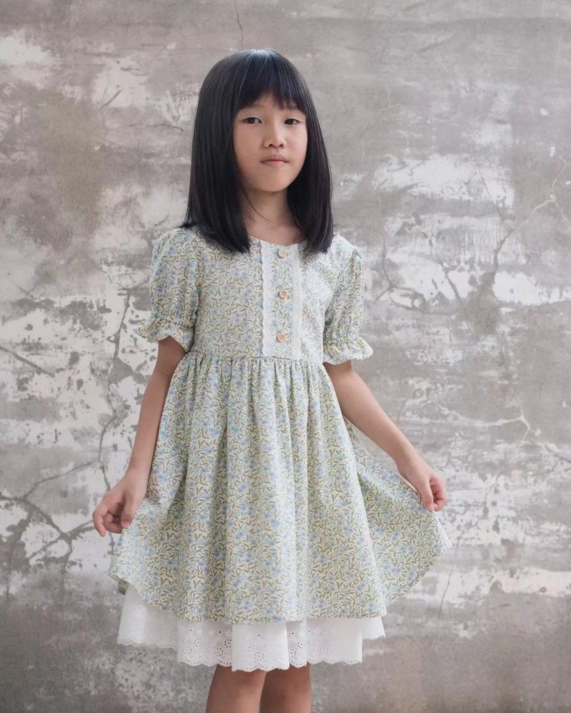 女童欧洲小碎花乡村风洋装 - 童装裙 - 棉．麻 绿色