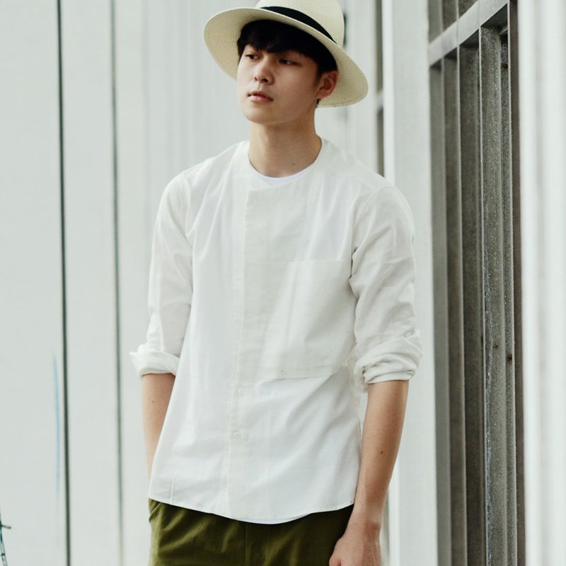 纯棉夹花无领衬衫 - 男装衬衫 - 棉．麻 白色