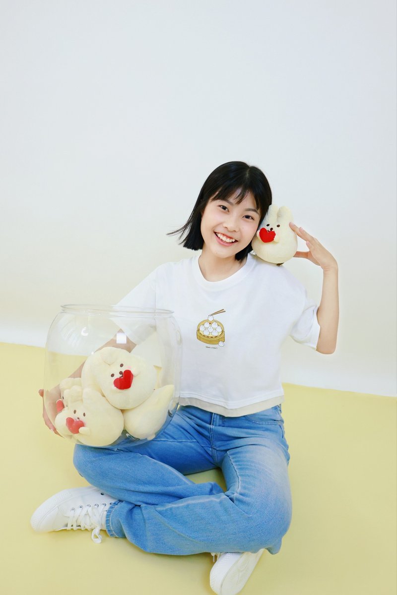 撞色短版Crop Top-麻糬兔小笼包(白米色) - 女装 T 恤 - 棉．麻 白色