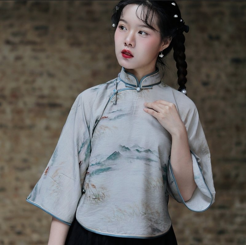 【烟雨江南】民国复古风 圆摆中式倒大袖旗袍上衣 - 女装上衣 - 其他材质 灰色