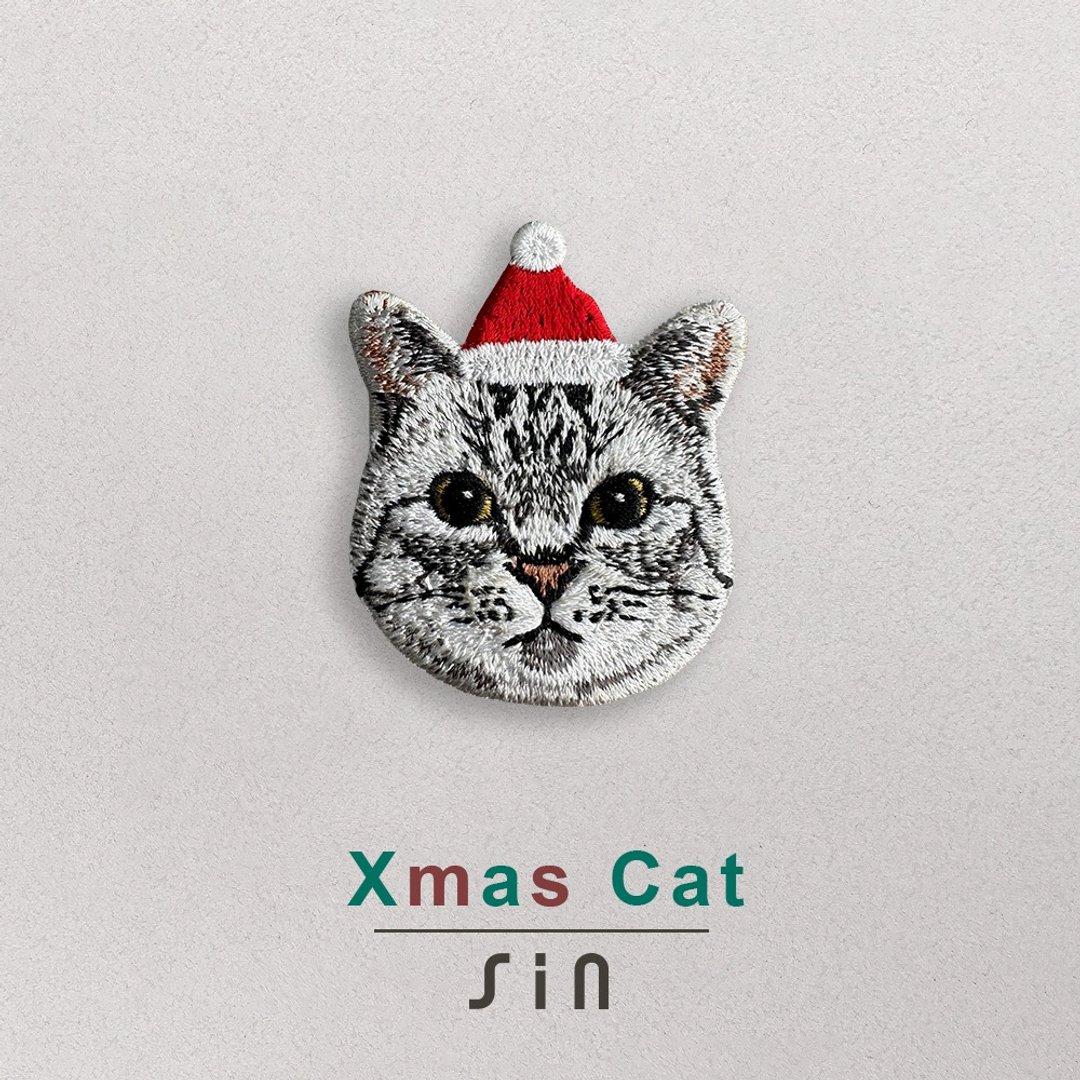 单卡圣诞小猫-刺绣贴纸-胖胖脸银虎斑美短猫(XHC0024) - 贴纸 - 绣线 红色