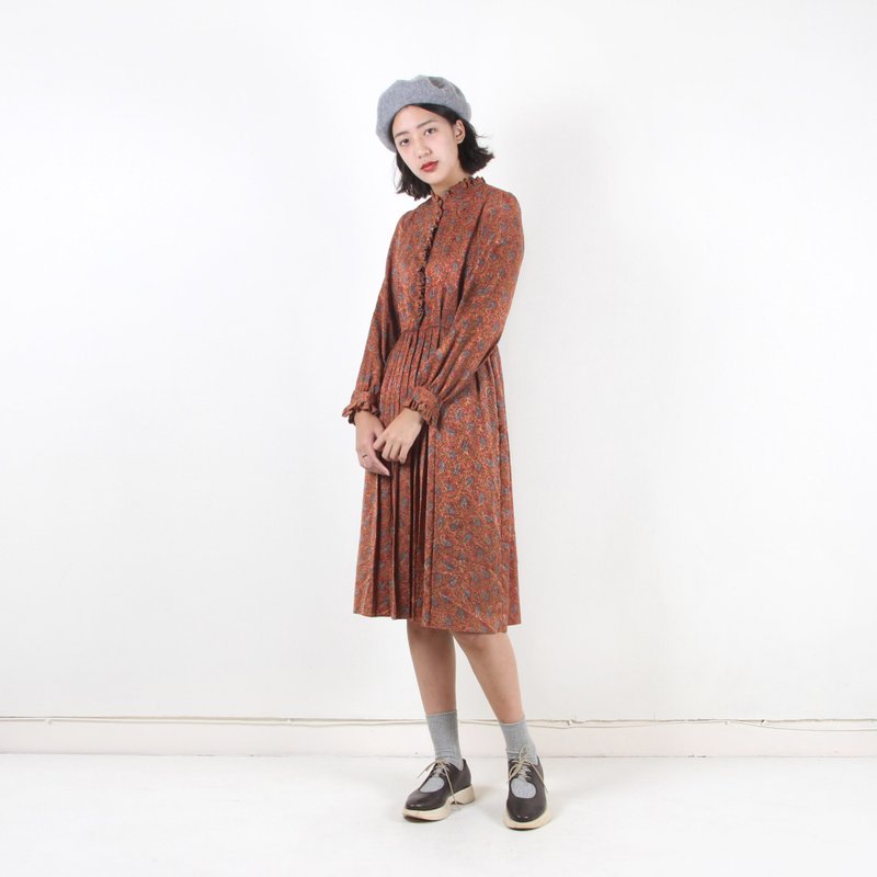 【蛋植物古着】花荷少女百褶印花古着洋装 - 洋装/连衣裙 - 聚酯纤维 橘色