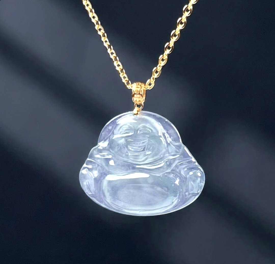 玻璃种蓝水翡翠佛公弥勒佛项链 18K 金坠头 | 天然翡翠 A 货 | 送礼 - 项链 - 玉石 蓝色
