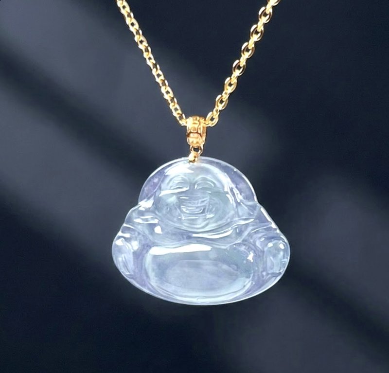 玻璃种蓝水翡翠佛公弥勒佛项链 18K 金坠头 | 天然翡翠 A 货 | 送礼 - 项链 - 玉石 蓝色