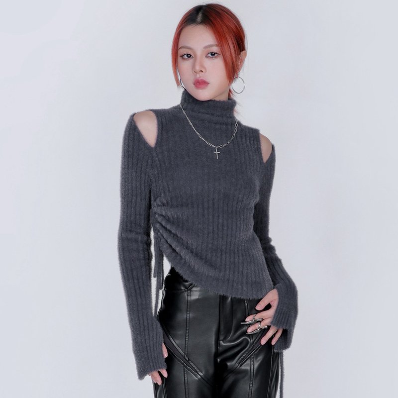 庞克魔女仿貂毛露肩高领上衣 - 灰 / 黑 / 抽绳下摆 / 弹力舒适 - 女装针织衫/毛衣 - 其他材质 灰色