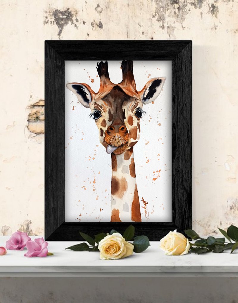 Giraffe watercolor original animal 8x11 inch painting by Anne Gorywine - 墙贴/壁贴 - 纸 银色