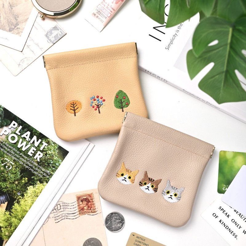 弹簧口金万用小包 【缩纹皮革 刺绣】 真皮 姬路皮革 小物收纳袋 配饰包 HW42K - 化妆包/杂物包 - 真皮 黄色