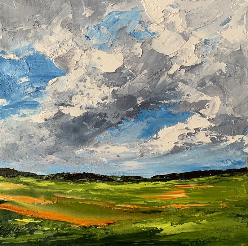 Original Landscape Oil Painting On Canvas Green Field Art Cloudy Sky Impasto Art - 墙贴/壁贴 - 其他材质 多色