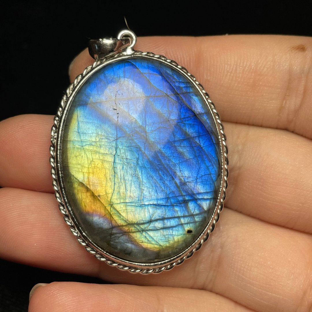 蓝金色拉长石Labradorite 纯银麻花厚银包镶 台湾手工制作 SB29 - 项链 - 半宝石 蓝色