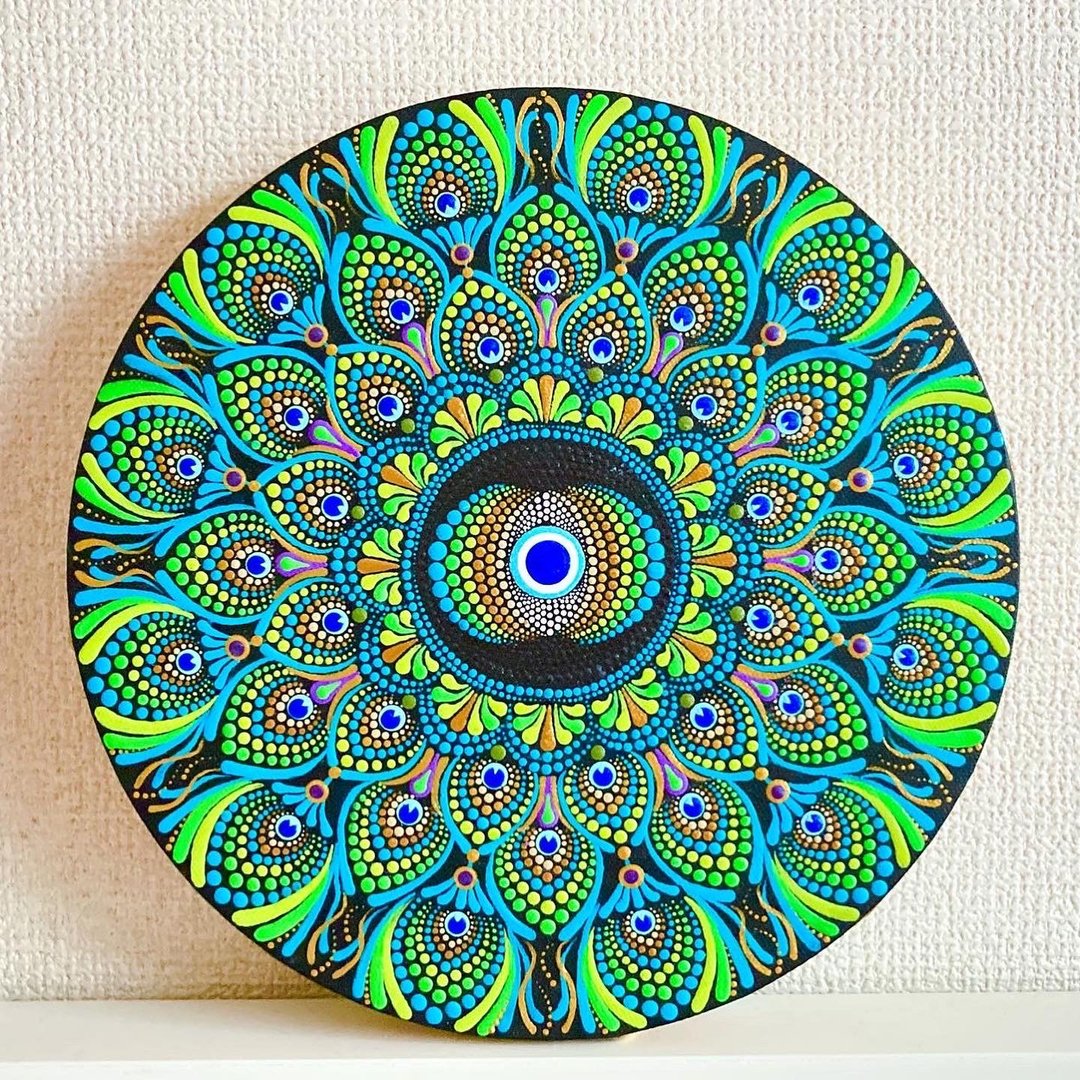 dotmandala vesicipysis peacock feathers sacredgeometry  background black 25cm - 海报/装饰画/版画 - 棉．麻 绿色
