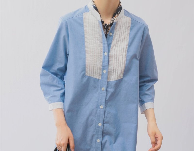 法式复古 蓝白撞立领风琴褶 棉质衬衫式洋裝 - 洋装/连衣裙 - 棉．麻 蓝色