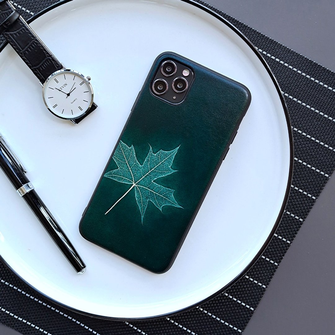 墨绿枫叶iphone13pro保护壳12max手机壳11/78plus/xs/xr免费定制 - 手机壳/手机套 - 真皮 绿色