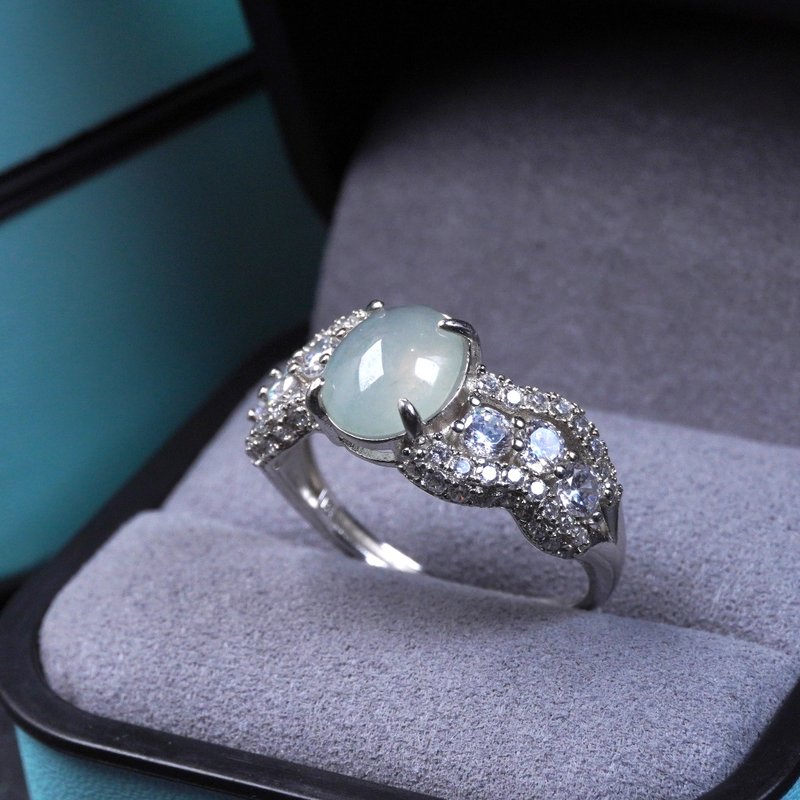 冰种晴水翡翠蛋面戒指 925纯银 | 天然缅甸玉翡翠A货 | 送礼 - 戒指 - 玉石 透明