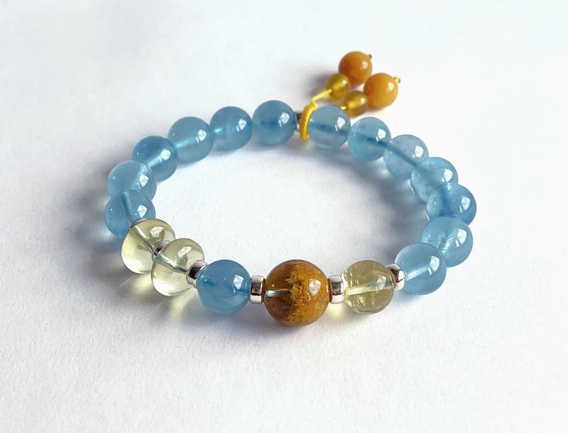 宝石系 天然 海蓝宝 黄幽灵 黄水晶 黄玉 黄玉髓 925纯银 手链 - 手链/手环 - 宝石 蓝色