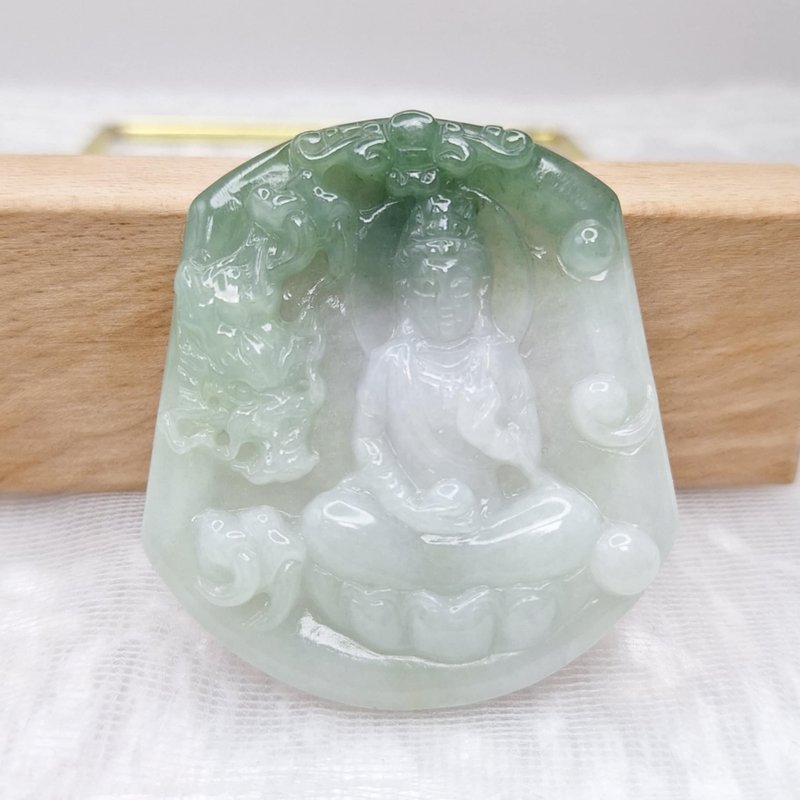 奶白底带冰绿 乘龙观音吊坠牌件 | 天然缅甸玉A货翡翠 - 项链 - 玉石 