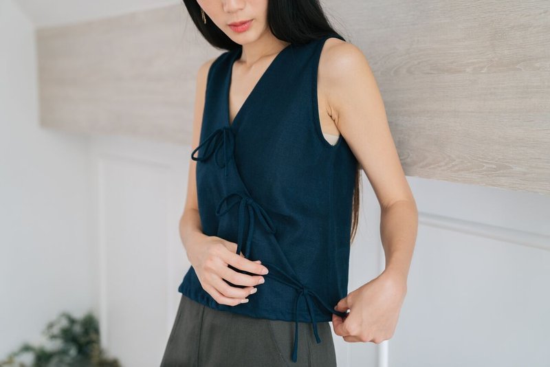 Deep Blue Tie - Front - Top - 女装上衣 - 亚麻 蓝色