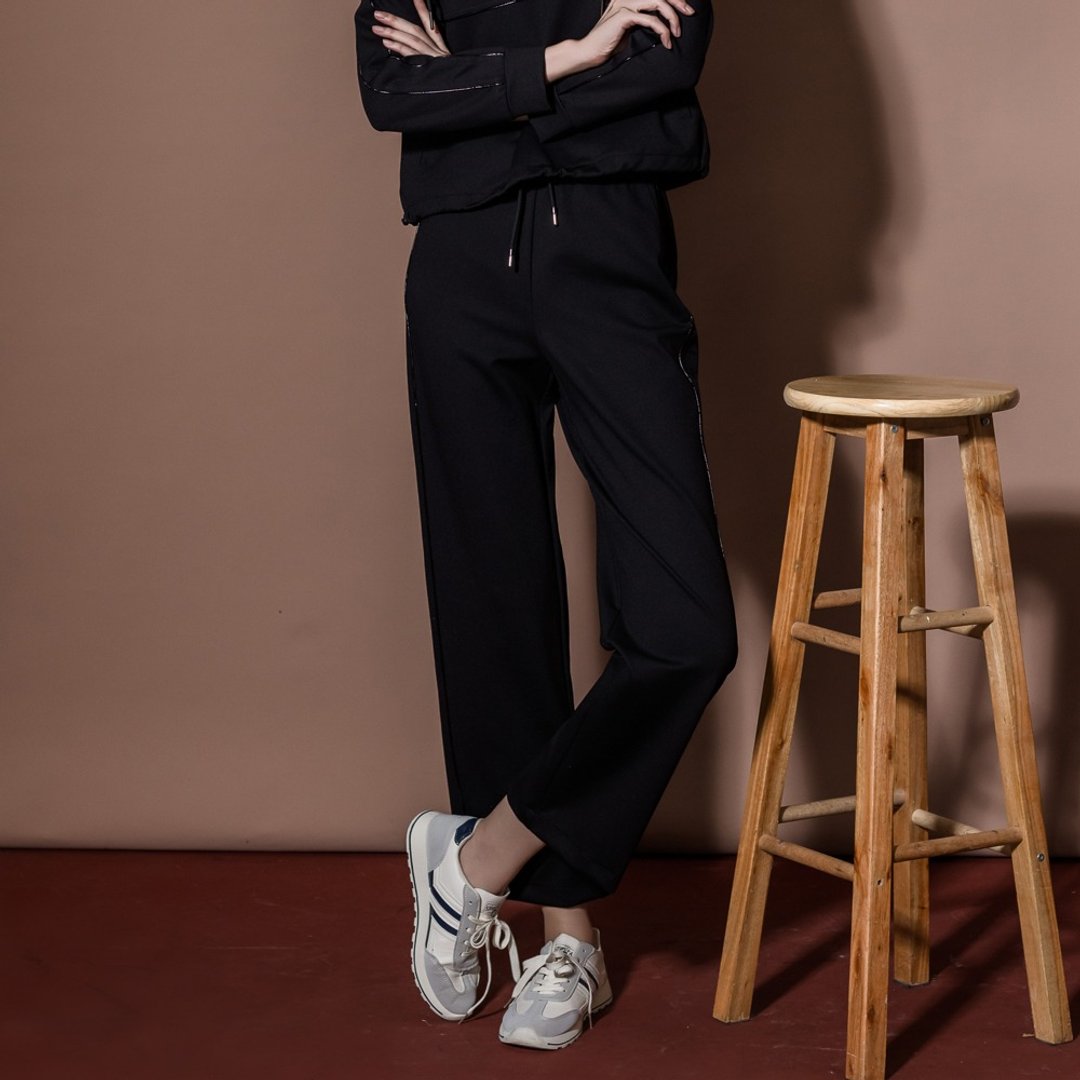 【MEDUSA】黑色金属感滚边休闲运动裤(M-XL) | 女运动长裤 - 女装长裤 - 其他人造纤维 黑色