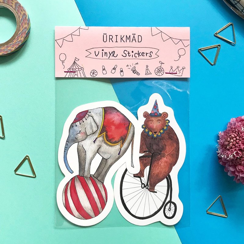 动物马戏团贴纸两枚组 - 脚踏车上的小熊 & 玩球的大象 - - 贴纸 - 纸 橘色