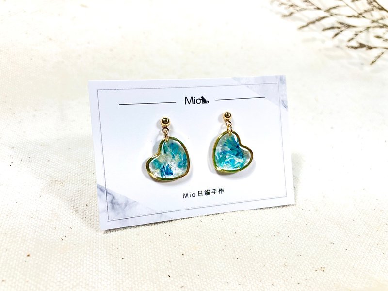 【 花 绯月 】水蓝爱心款 干燥花系列 (可改耳夹) - 耳环/耳夹 - 铜/黄铜 蓝色