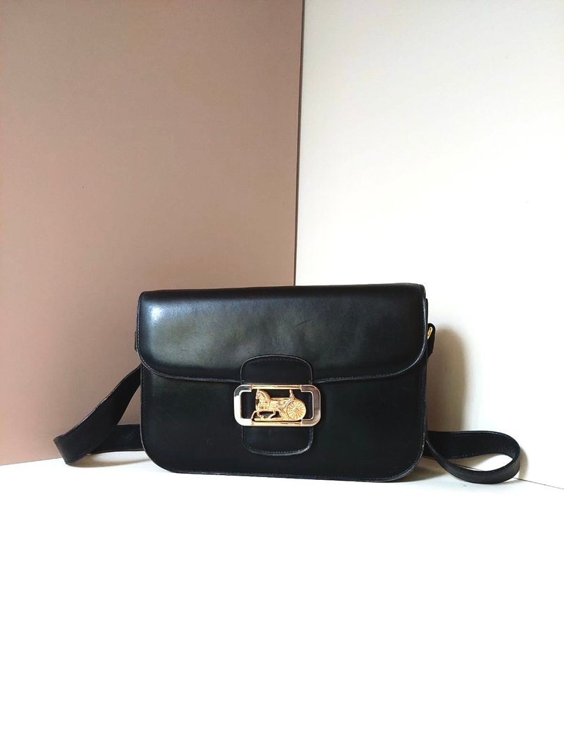 LA LUNE-稀有中古二手Celine马车金扣黑色皮革单肩侧背腋下包手袋 - 侧背包/斜挎包 - 真皮 黑色