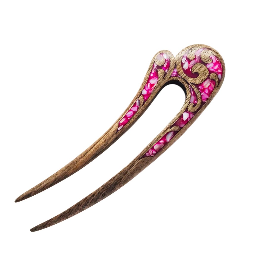 Hair clip, hair pin, carved wooden hair fork with pink stones, gift for her - 发饰 - 木头 粉红色
