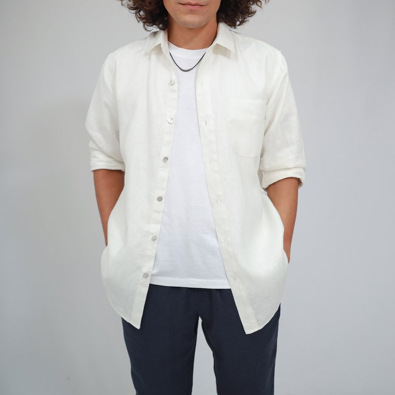 男士衬衫，麻衬衫，长袖，白色，哑光 - 男装衬衫 - 棉．麻 白色