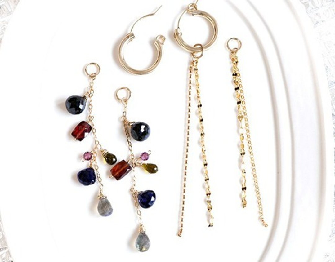 Hoop earrings, black spinel, and iolite that color autumn - 耳环/耳夹 - 宝石 