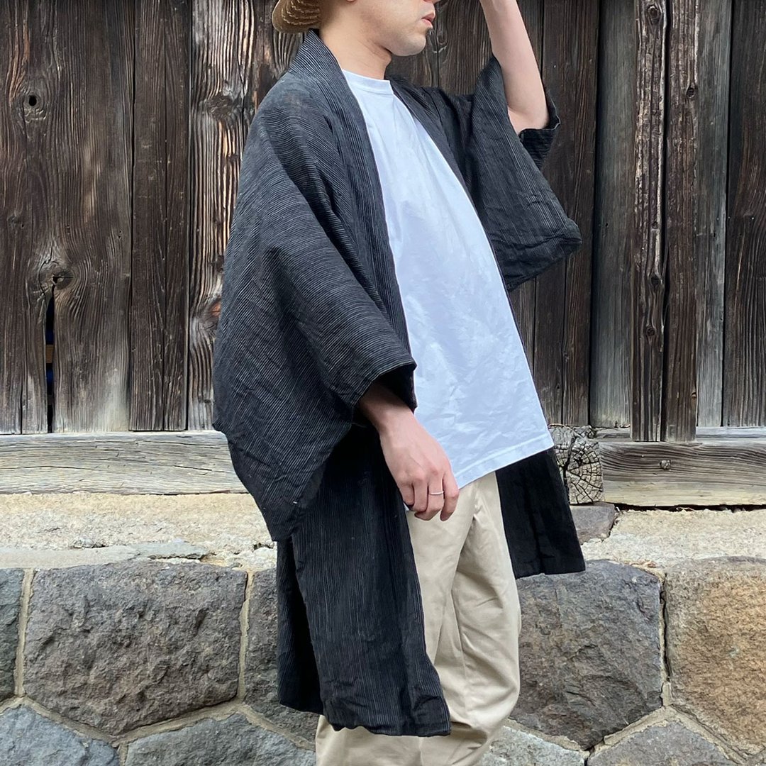 昭和初期日本复古条纹羽织男士现代日式和服开襟衫 - 男装外套 - 棉 灰色