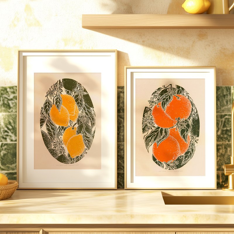 画廊墙 2 件组 复古柠檬橙子水果油毡版画厨房艺术 - 墙贴/壁贴 - 纸 绿色
